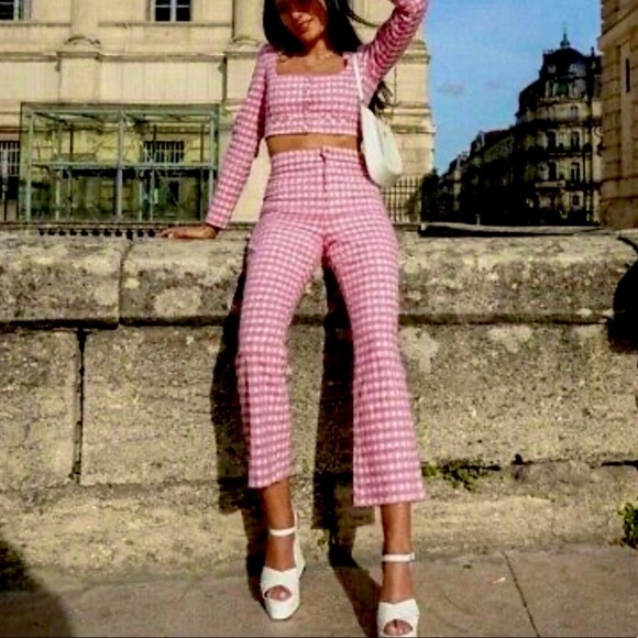Zara | Pants u0026 Jumpsuits | Zara Gingham Mini Flare Pink White Plaid Pants |  Poshmark
